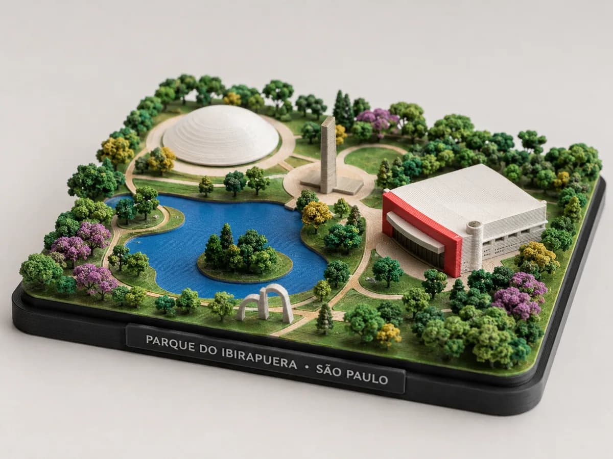 Maquete do Parque do Ibirapuera, em São Paulo, impressa em 3D com lago e árvores